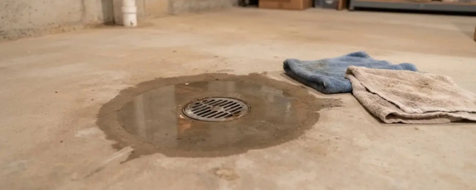 Puddle of dirty water around a basement floor drain with towels nearby