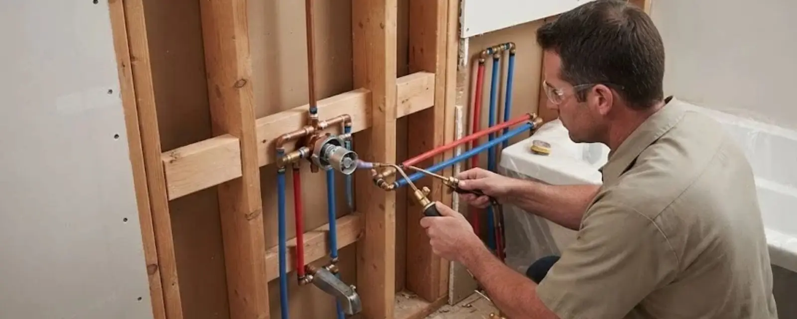 Plumber working on a shower valve with PEX lines inside an open bathroom wall
