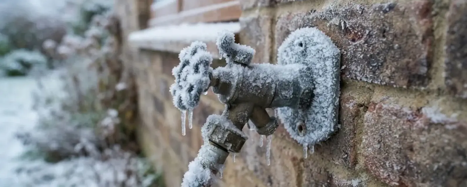 Frost-covered outdoor spigot on a brick wall in winter