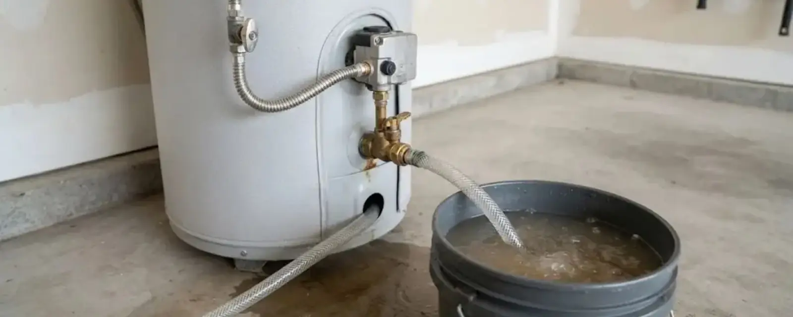 Water heater draining through a hose into a bucket before replacement
