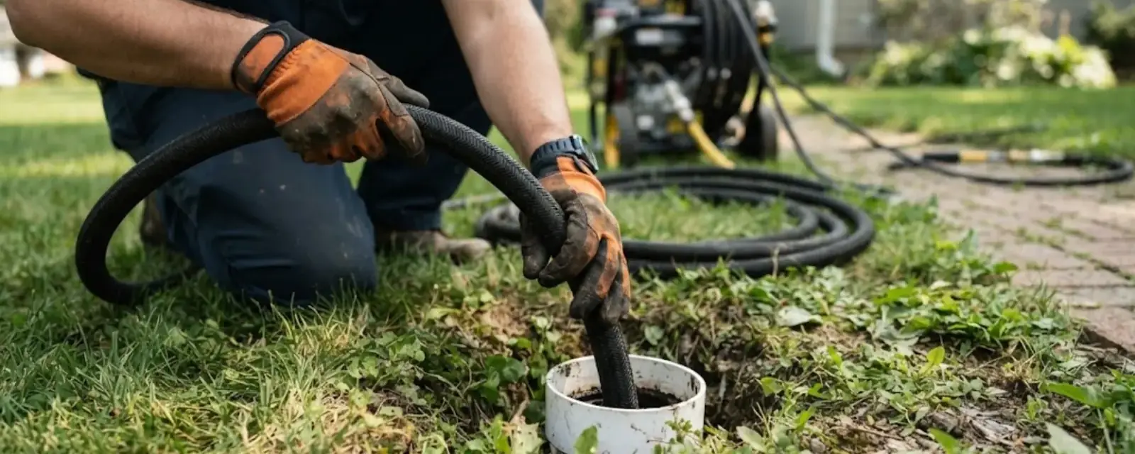 Plumber feeding a jetting hose into a lawn cleanout beside a house
