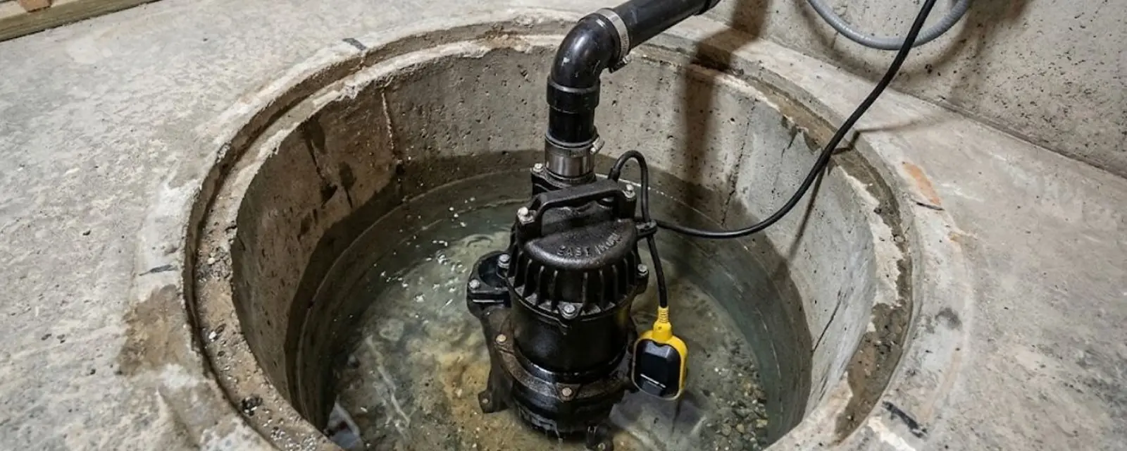 Submersible sump pump sitting in a basement pit with a discharge pipe