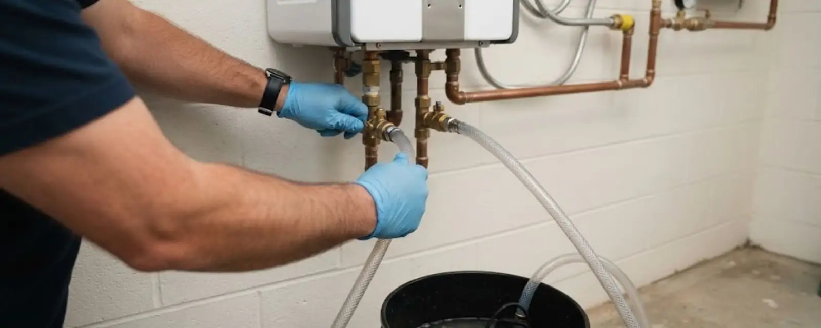 Gloved hands flushing a tankless water heater into a bucket through hoses