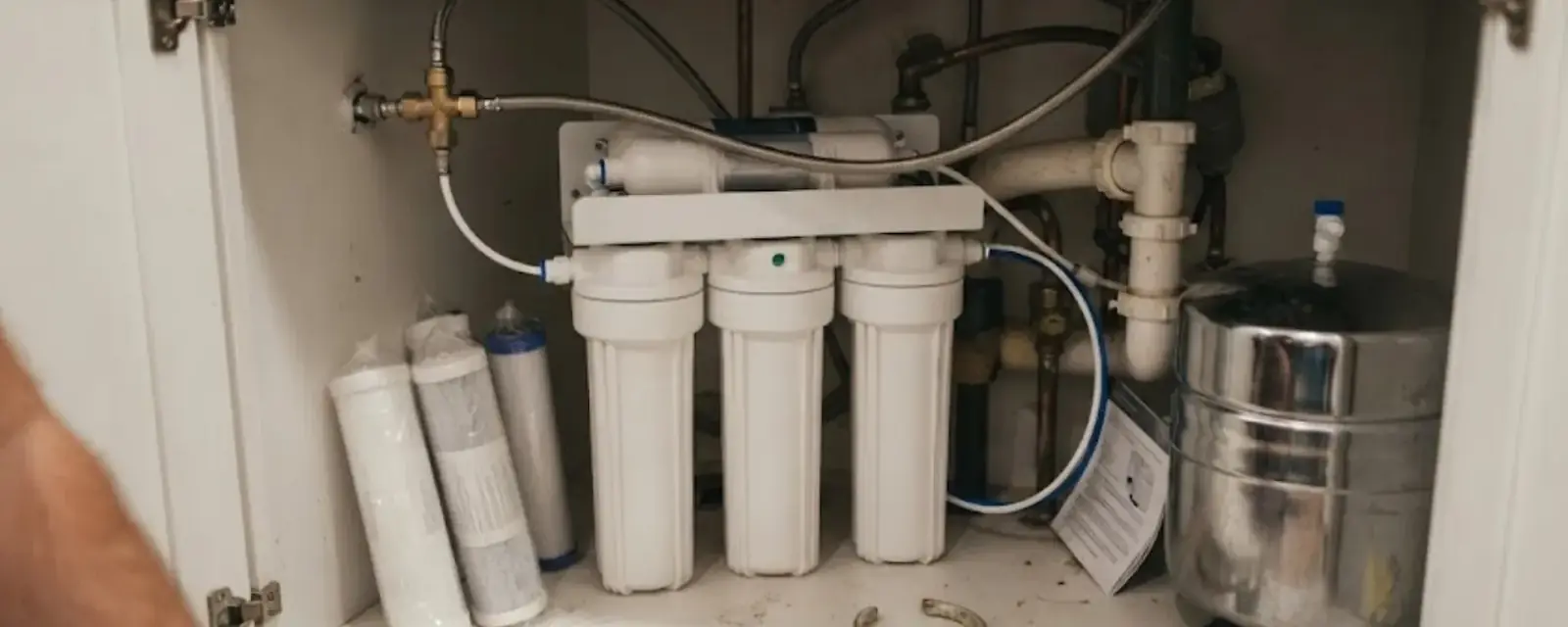 Under-sink water filtration cartridges and tank inside a kitchen cabinet