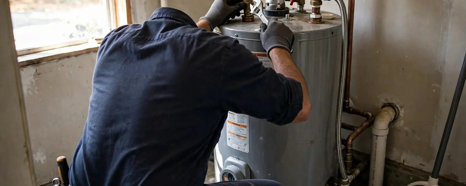 Plumber with a wrench working at the fittings of a tank water heater