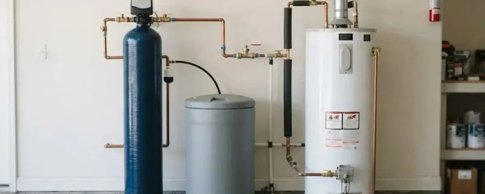 Water softener plumbed with a bypass beside a water heater