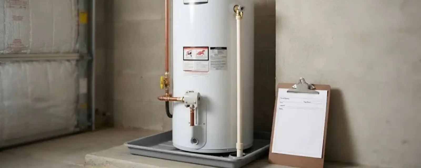 New tank water heater on a drain pan with a clipboard of installation notes beside it